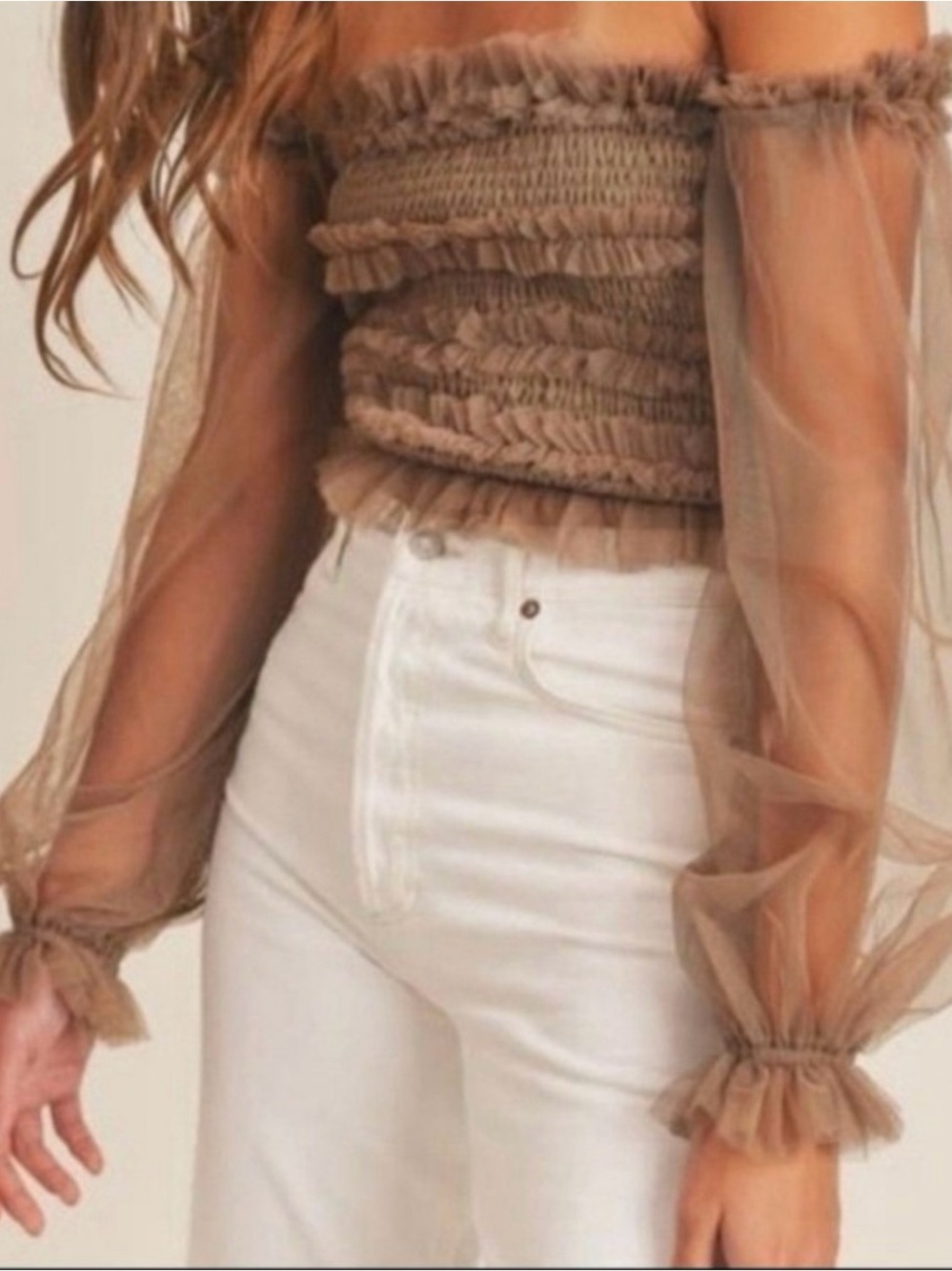 MARBLE Sheer Ruffle Smocked Top in Beige